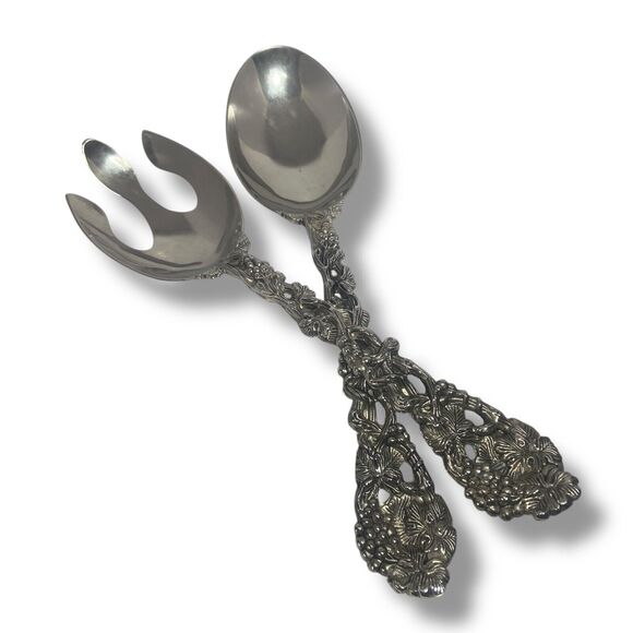 Godinger Silverplated Serving Spoon & Fork Set Ornate Grapevine Handle Vintage - Picture 2 of 9